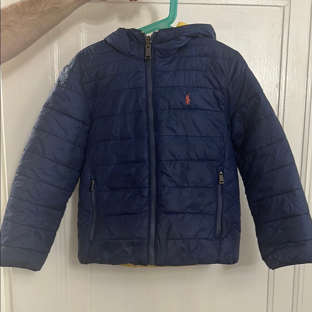 Reversible boys Navy & yellow Hooded Puffer Jacket with Red polo Logo